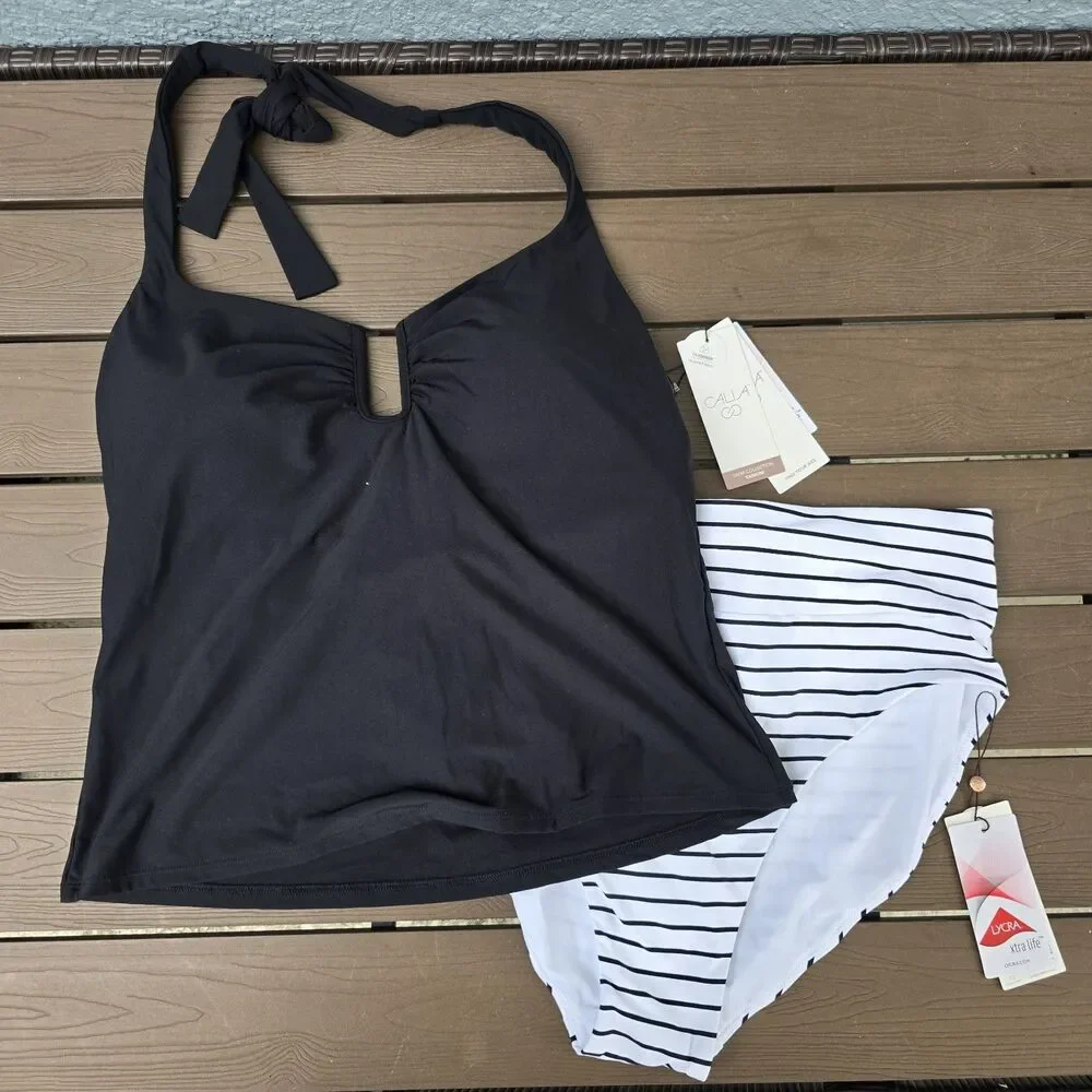 CALIA Women's Black U-Bar Halter Cami Tankini W/ Wide Band Bikini Sz 1X New